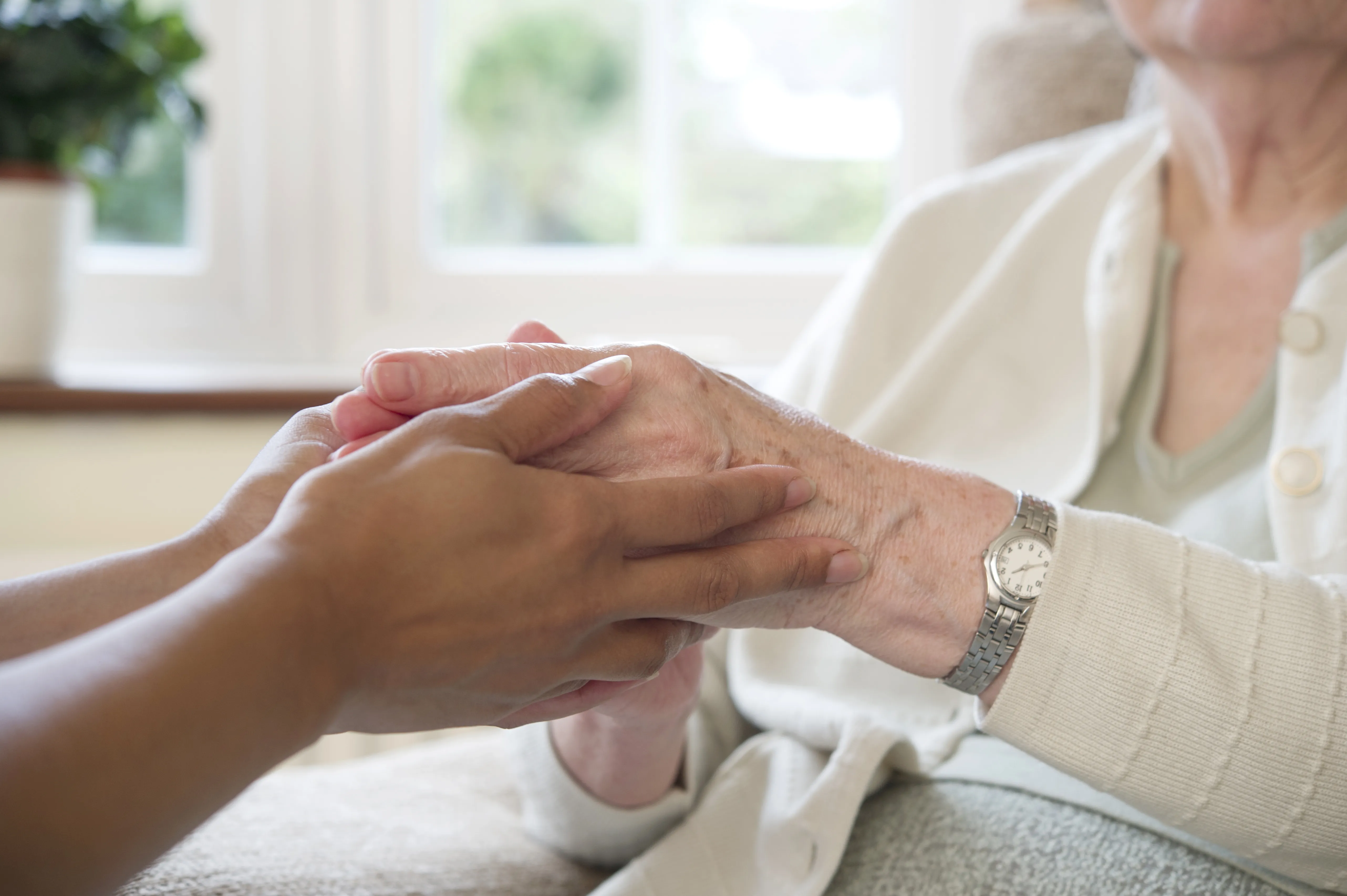 A caregiver gently holding an elderly client's hands